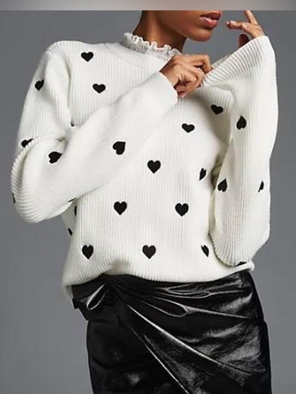 Anthropologie “Ruffled Collar Heart” Embroidered Sweater Delicate Lace Collar